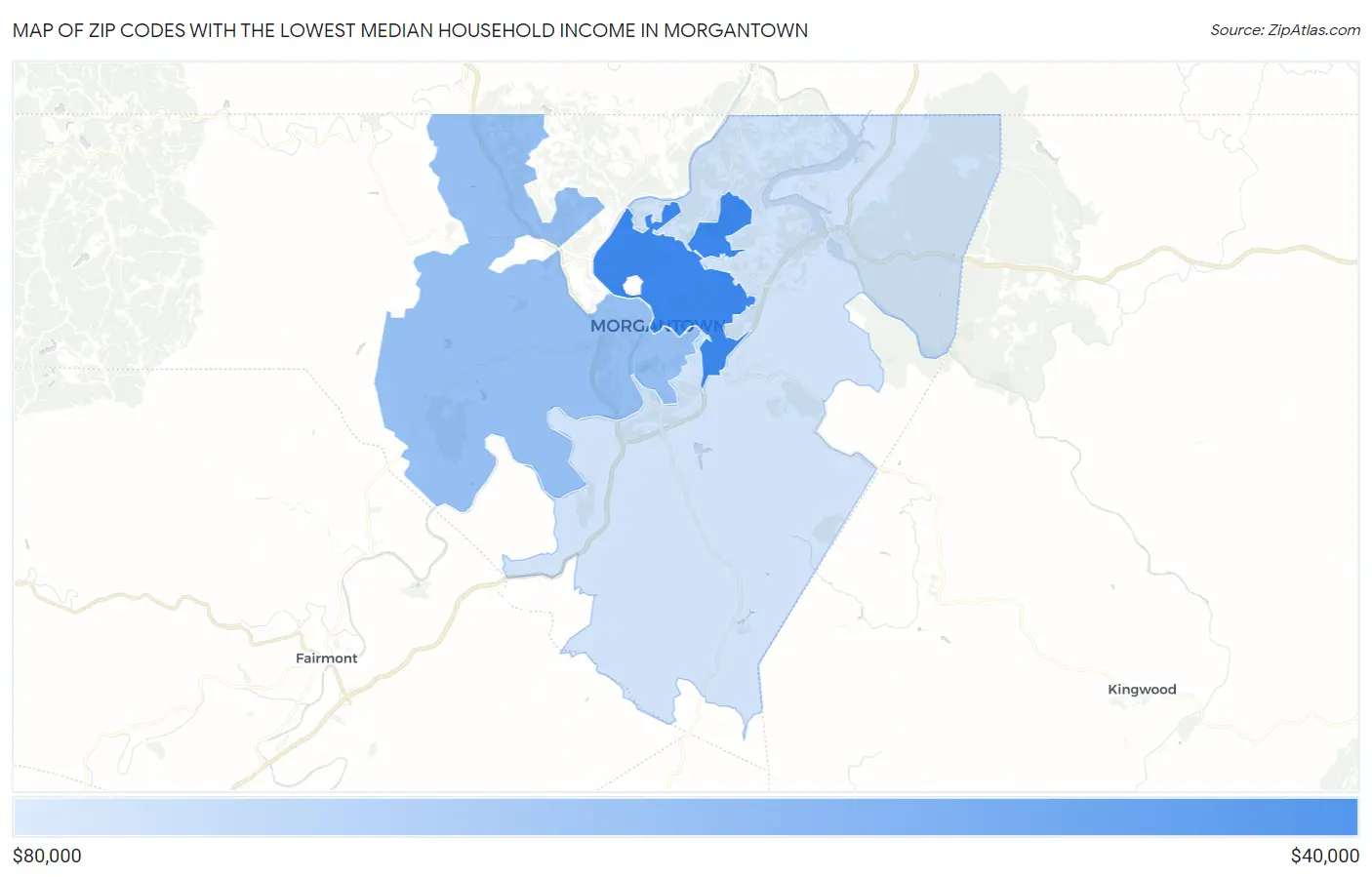 Zip Codes with the Lowest Median Household Income in Morgantown Map