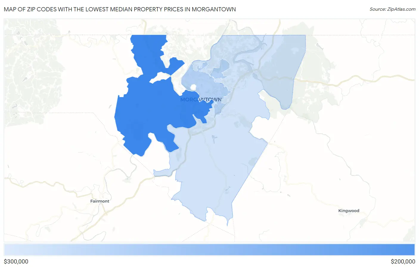 Zip Codes with the Lowest Median Property Prices in Morgantown Map