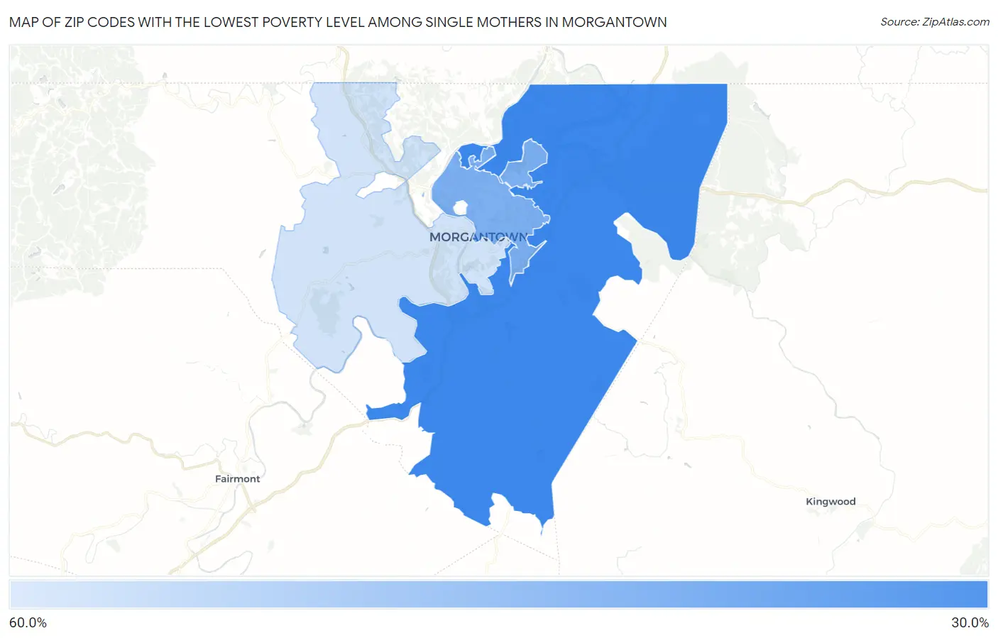 Zip Codes with the Lowest Poverty Level Among Single Mothers in Morgantown Map