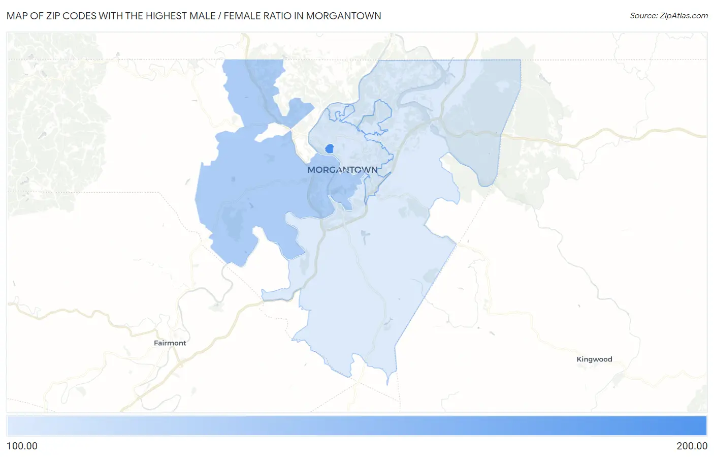 Zip Codes with the Highest Male / Female Ratio in Morgantown Map