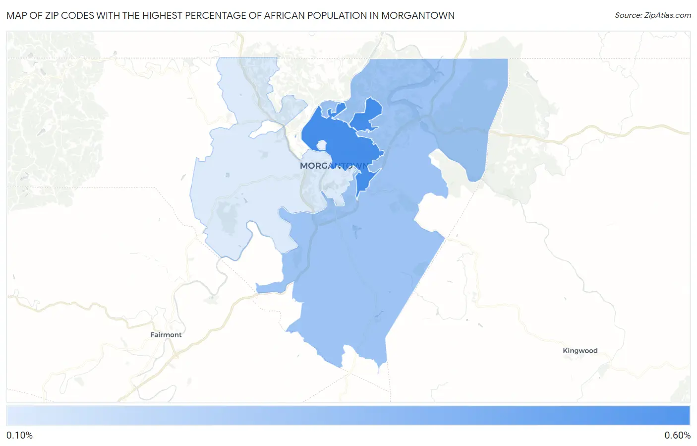 Zip Codes with the Highest Percentage of African Population in Morgantown Map