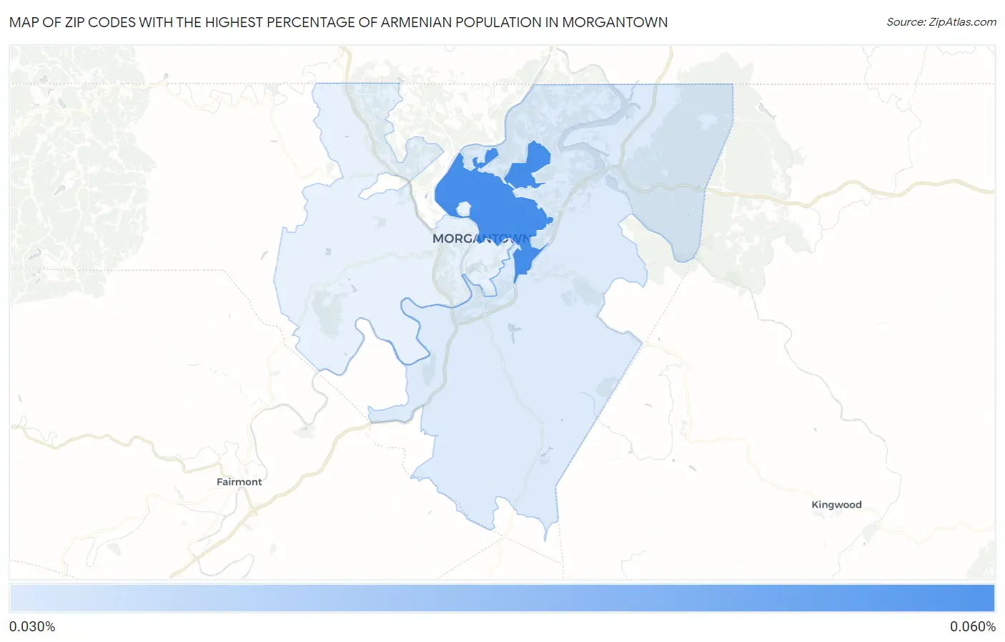Zip Codes with the Highest Percentage of Armenian Population in Morgantown Map