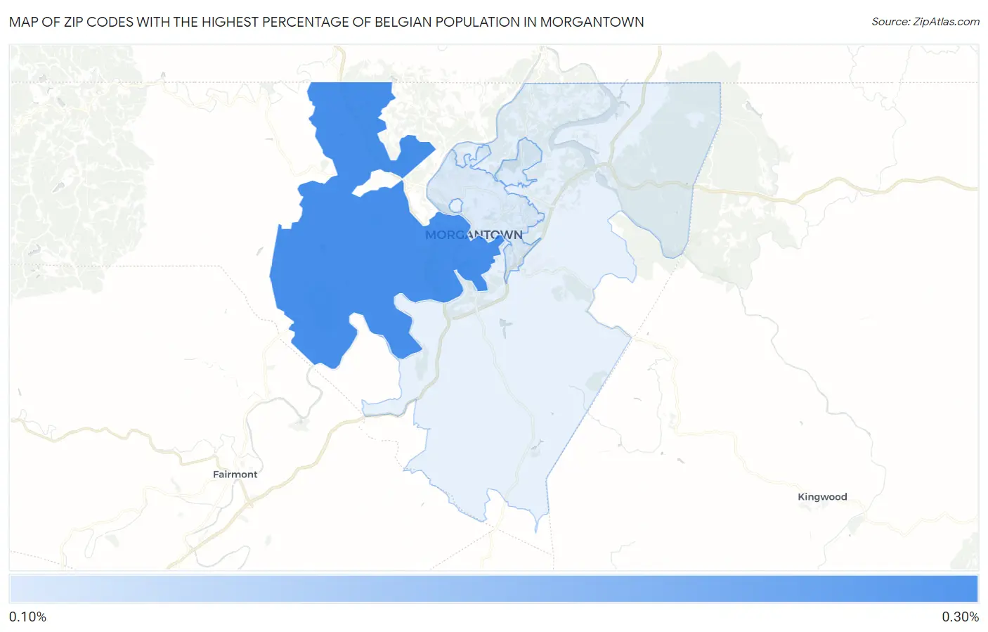Zip Codes with the Highest Percentage of Belgian Population in Morgantown Map