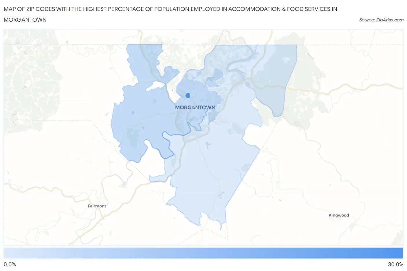 Zip Codes with the Highest Percentage of Population Employed in Accommodation & Food Services in Morgantown Map