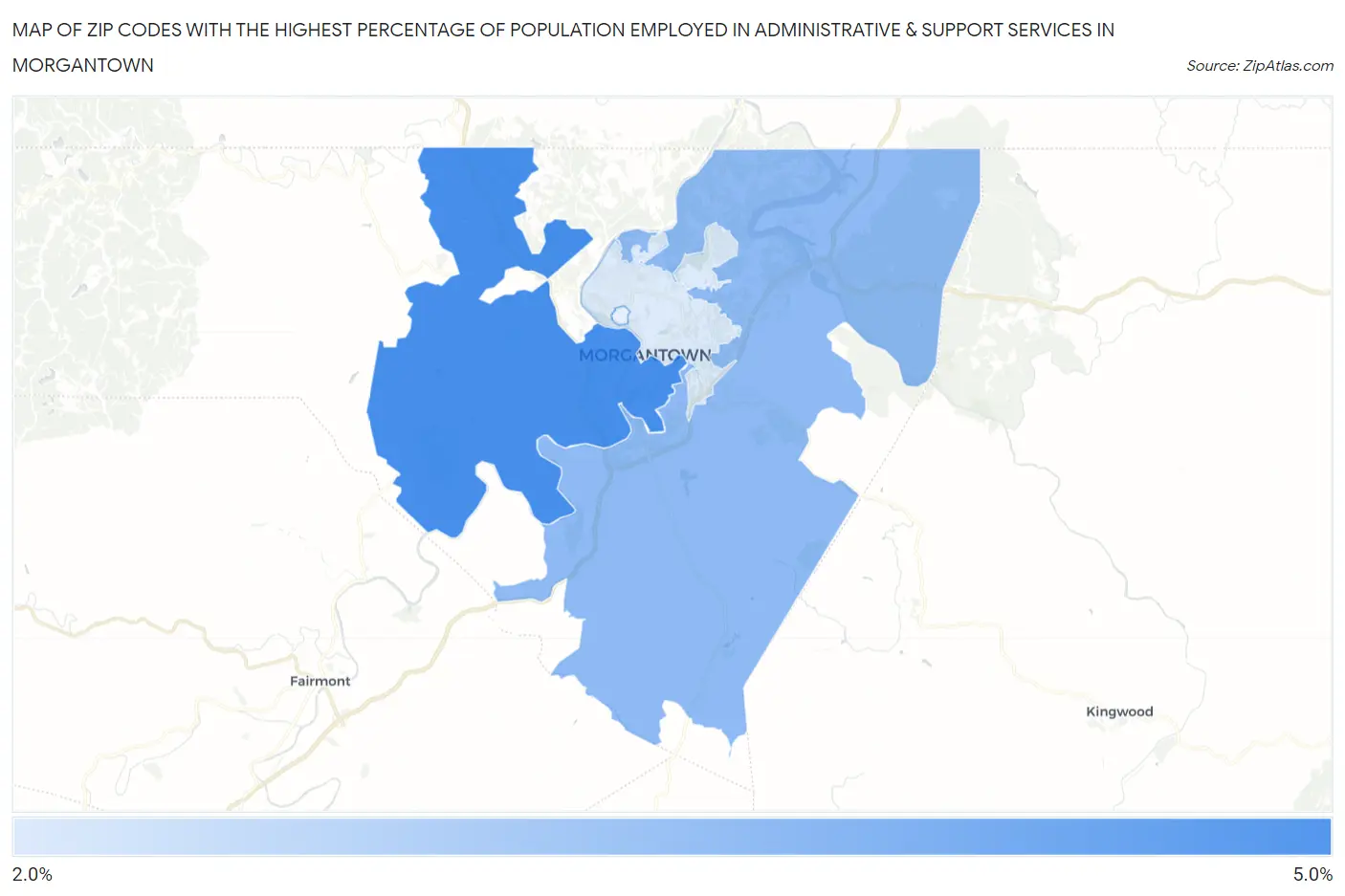 Zip Codes with the Highest Percentage of Population Employed in Administrative & Support Services in Morgantown Map