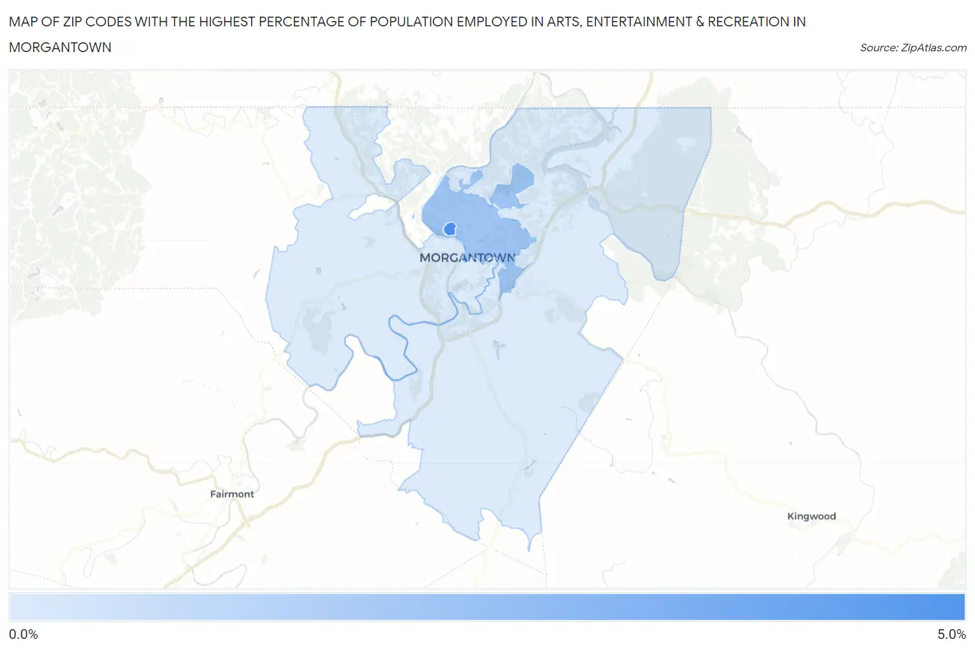 Zip Codes with the Highest Percentage of Population Employed in Arts, Entertainment & Recreation in Morgantown Map