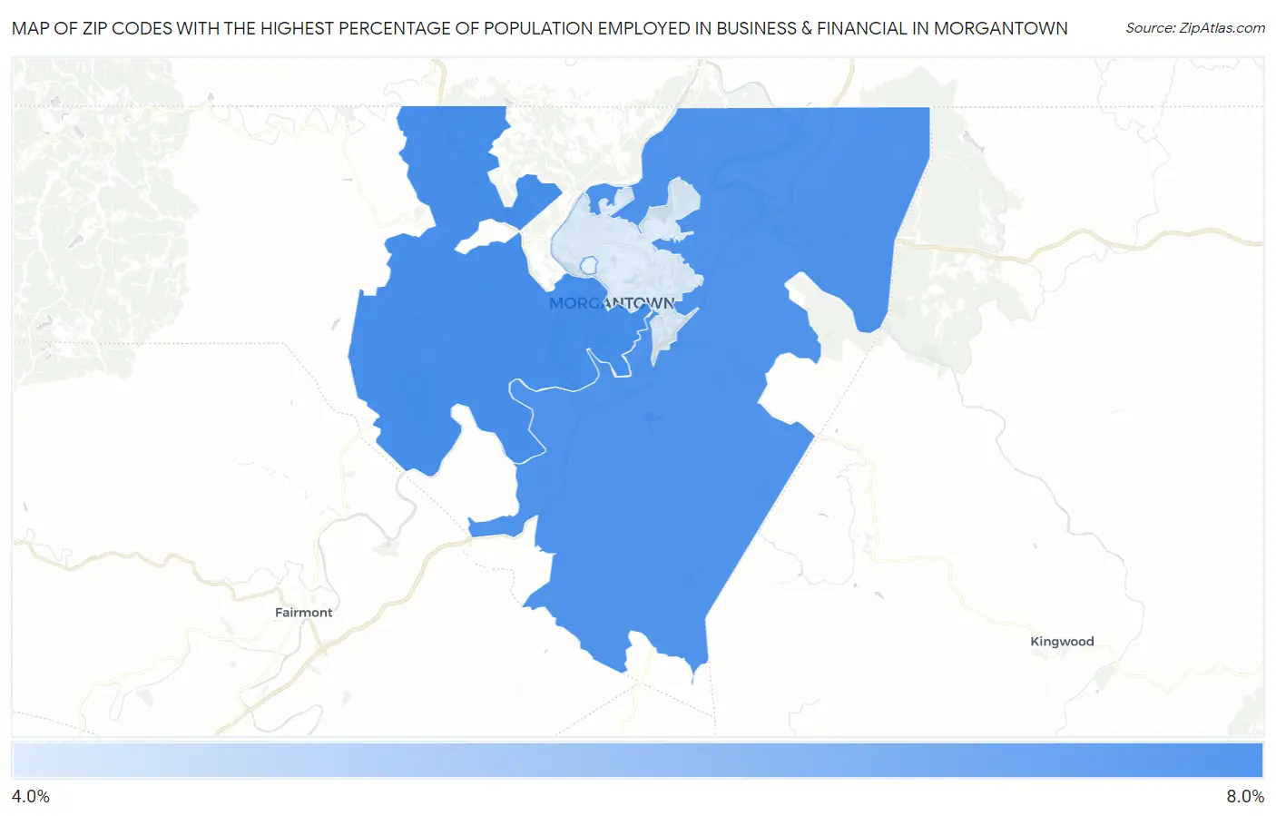Zip Codes with the Highest Percentage of Population Employed in Business & Financial in Morgantown Map