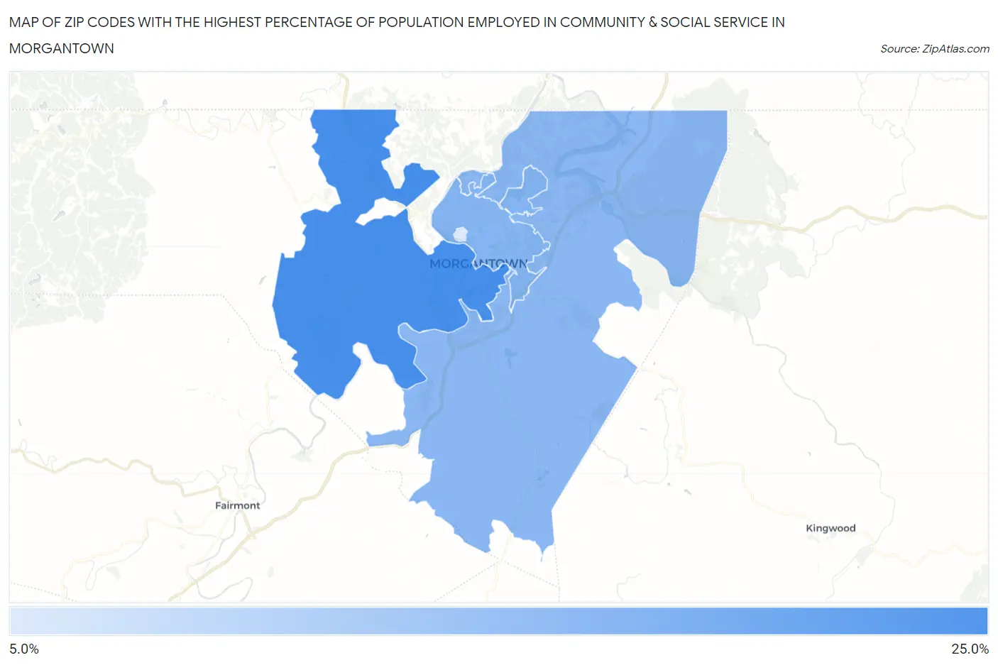 Zip Codes with the Highest Percentage of Population Employed in Community & Social Service  in Morgantown Map