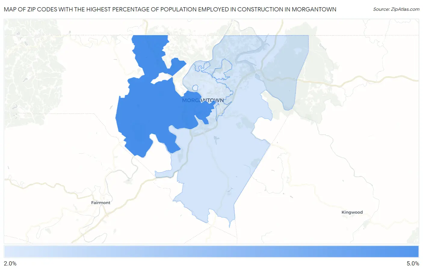 Zip Codes with the Highest Percentage of Population Employed in Construction in Morgantown Map
