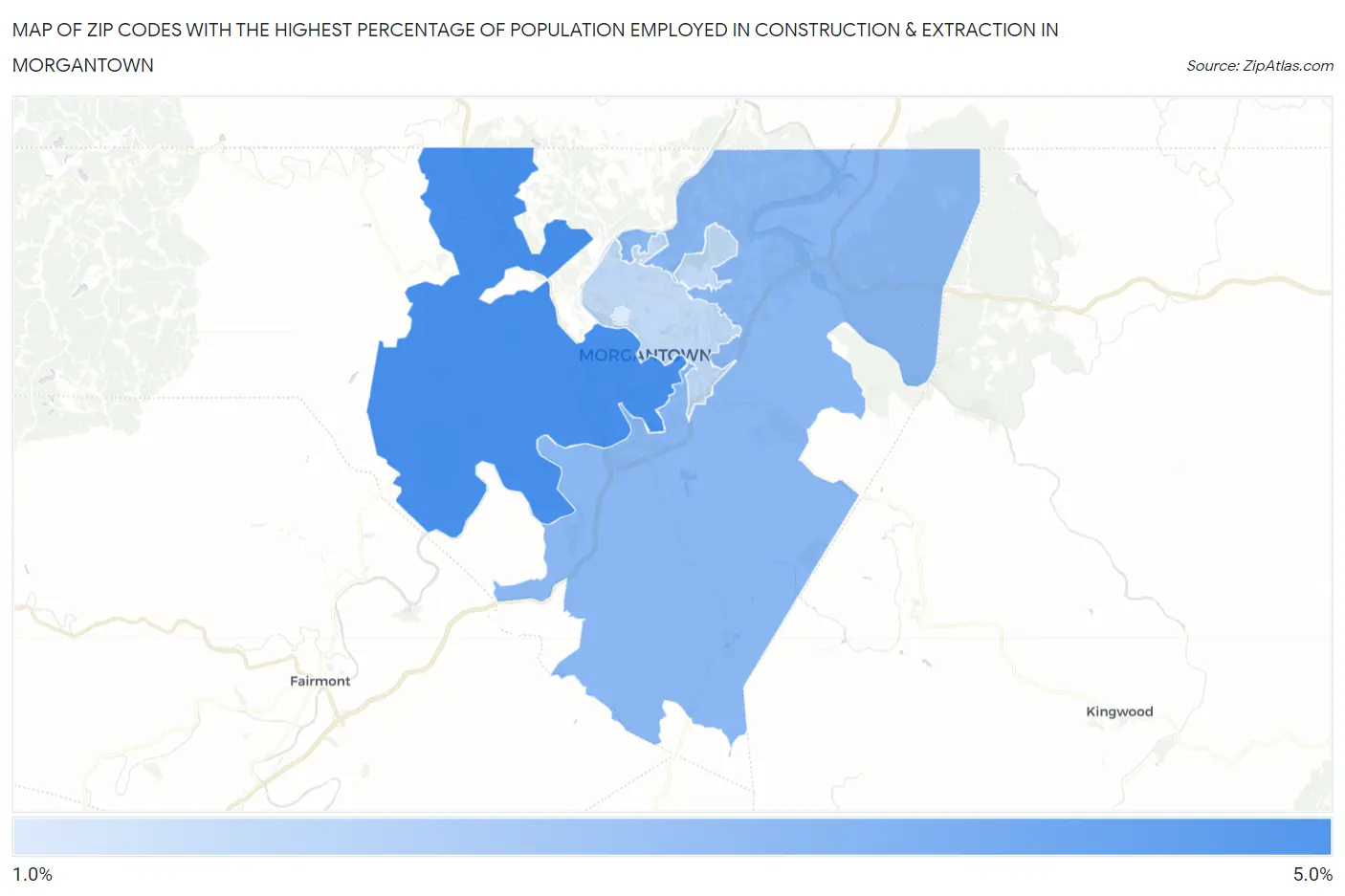 Zip Codes with the Highest Percentage of Population Employed in Construction & Extraction in Morgantown Map