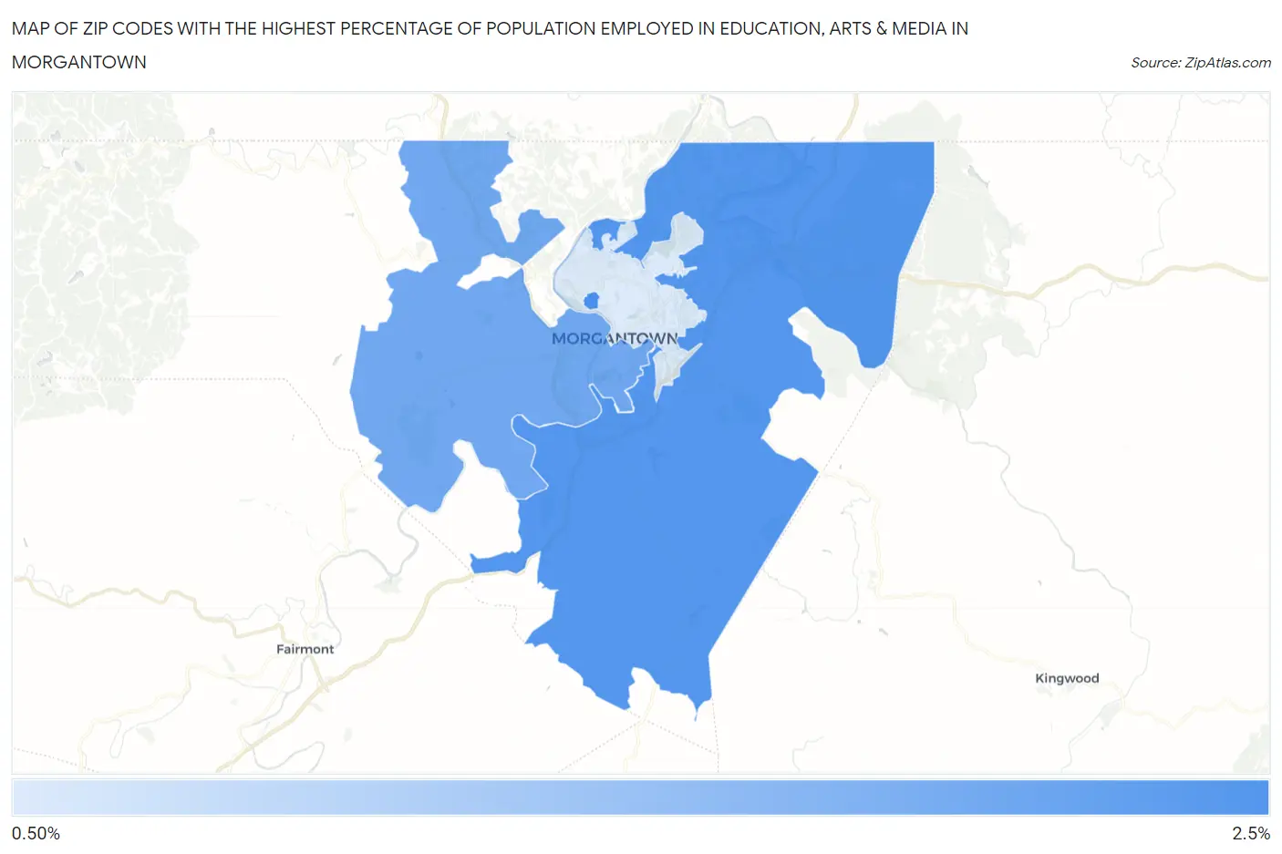 Zip Codes with the Highest Percentage of Population Employed in Education, Arts & Media in Morgantown Map