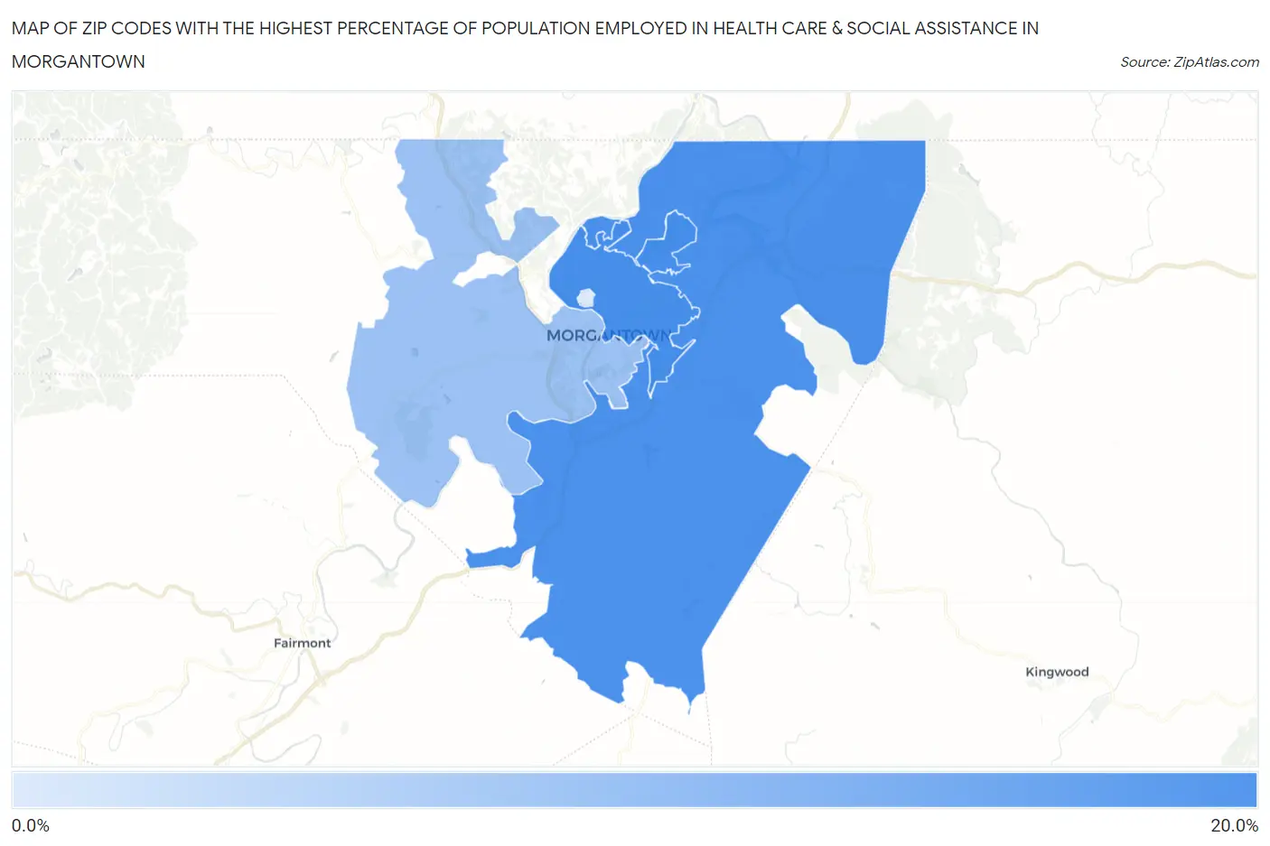 Zip Codes with the Highest Percentage of Population Employed in Health Care & Social Assistance in Morgantown Map