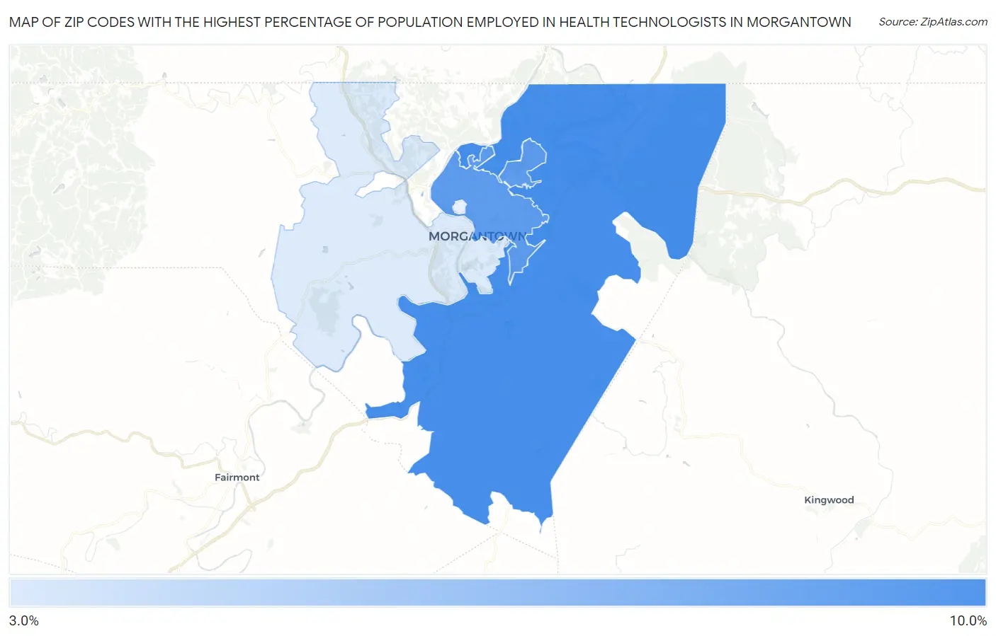Zip Codes with the Highest Percentage of Population Employed in Health Technologists in Morgantown Map