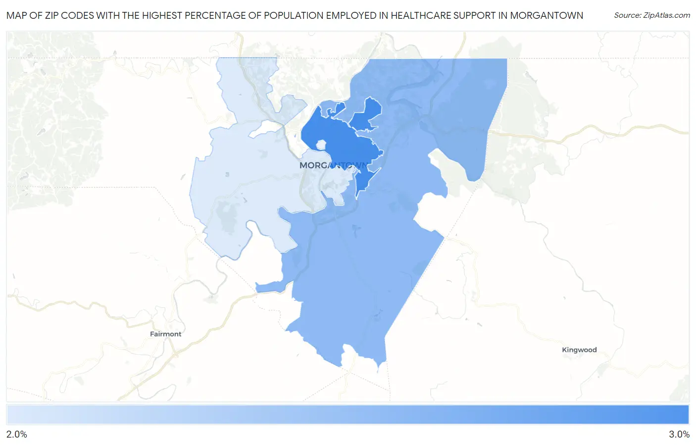 Zip Codes with the Highest Percentage of Population Employed in Healthcare Support in Morgantown Map