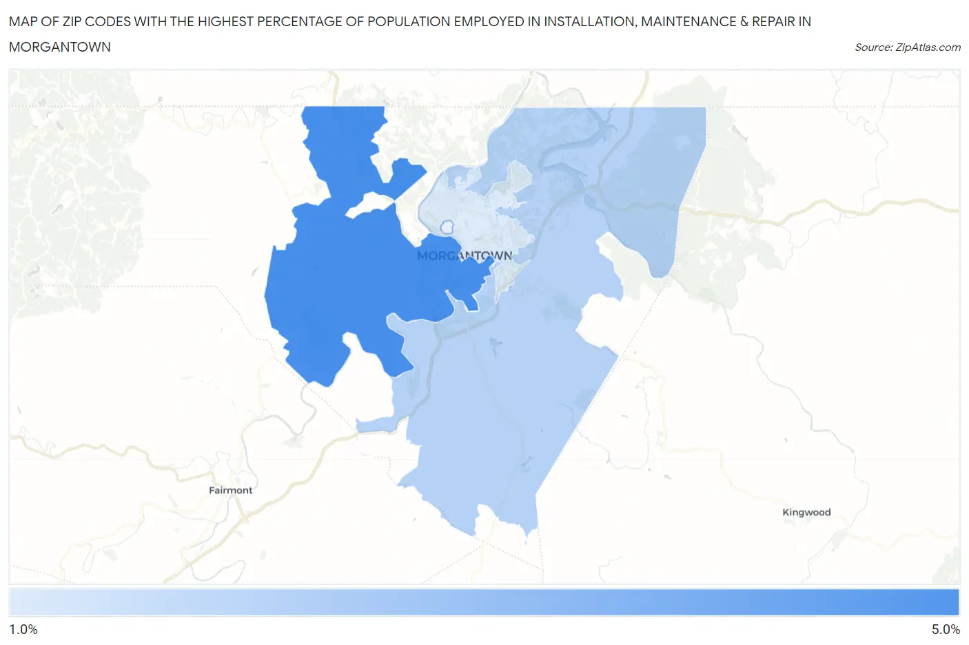 Zip Codes with the Highest Percentage of Population Employed in Installation, Maintenance & Repair in Morgantown Map