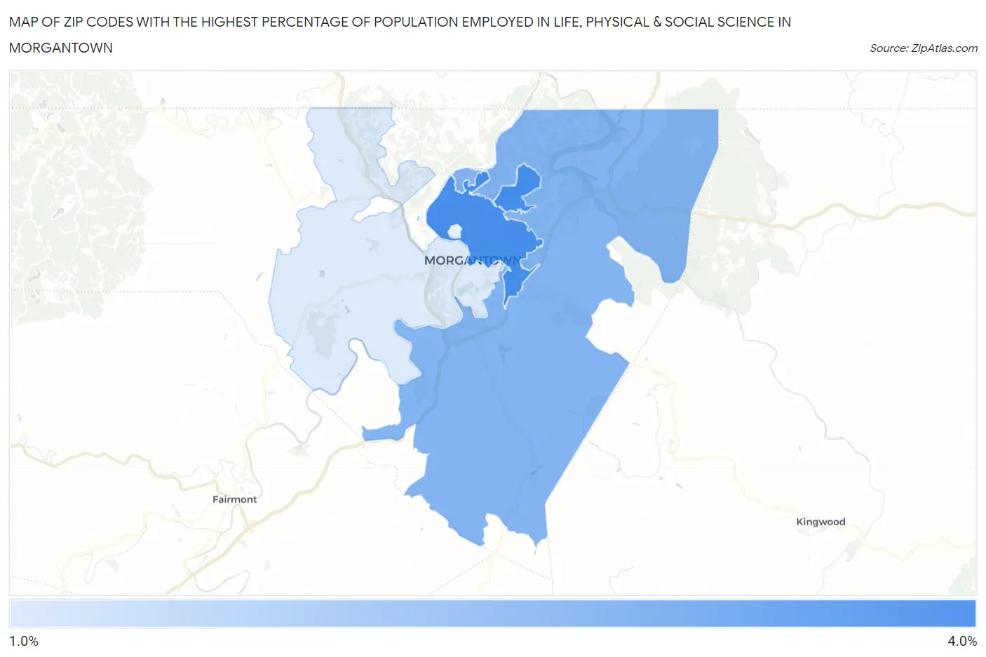 Zip Codes with the Highest Percentage of Population Employed in Life, Physical & Social Science in Morgantown Map