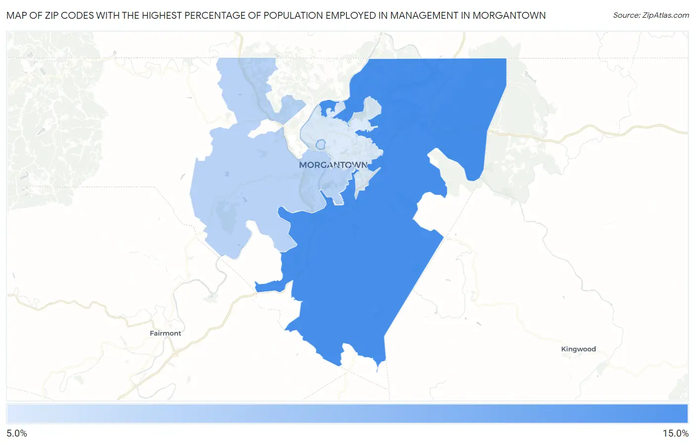 Zip Codes with the Highest Percentage of Population Employed in Management in Morgantown Map
