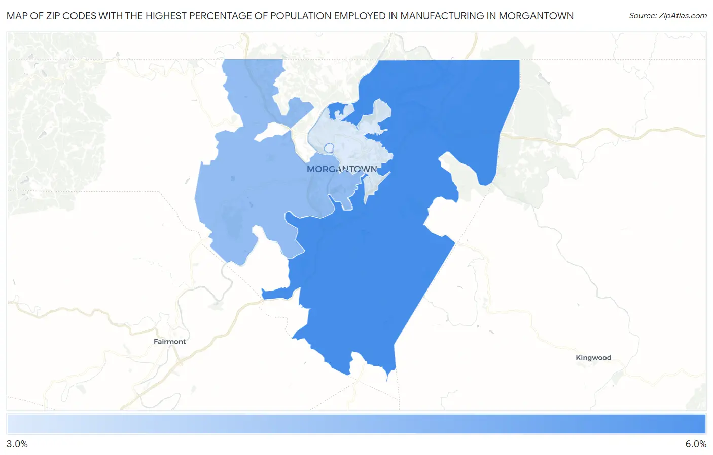 Zip Codes with the Highest Percentage of Population Employed in Manufacturing in Morgantown Map