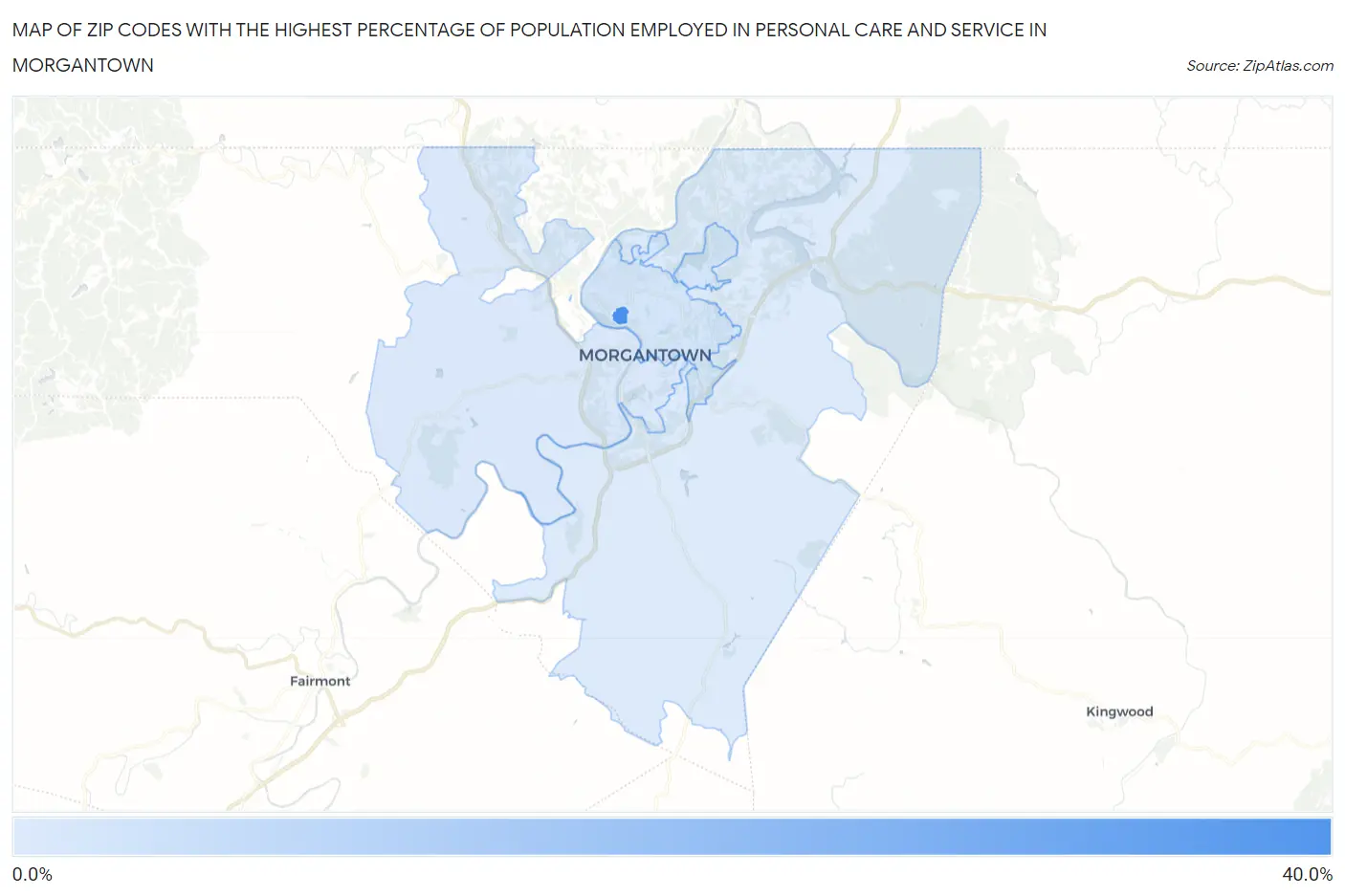 Zip Codes with the Highest Percentage of Population Employed in Personal Care and Service in Morgantown Map