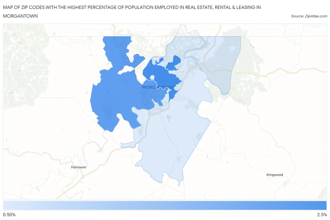 Zip Codes with the Highest Percentage of Population Employed in Real Estate, Rental & Leasing in Morgantown Map