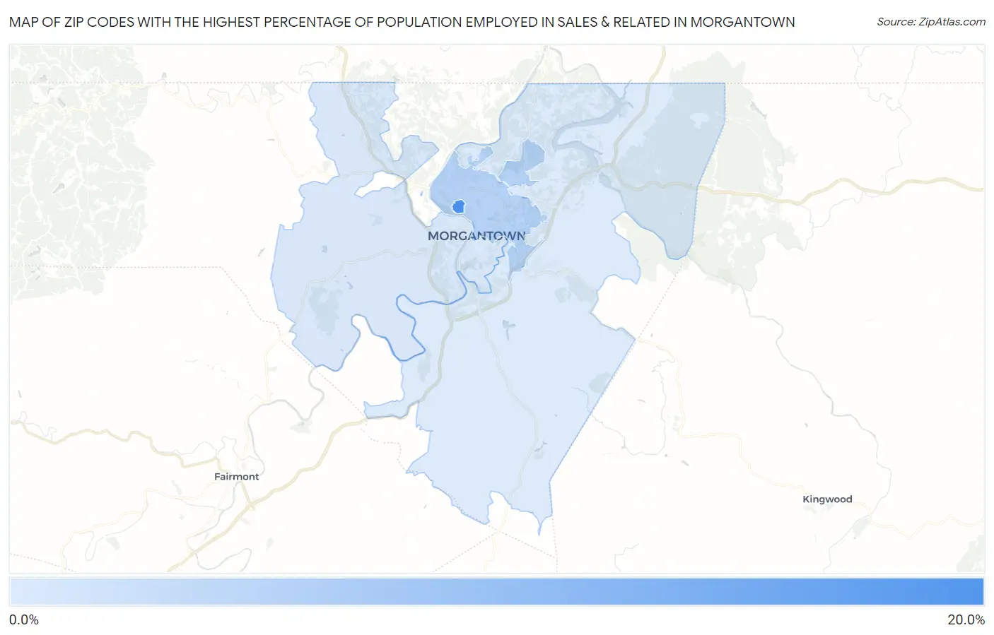 Zip Codes with the Highest Percentage of Population Employed in Sales & Related in Morgantown Map