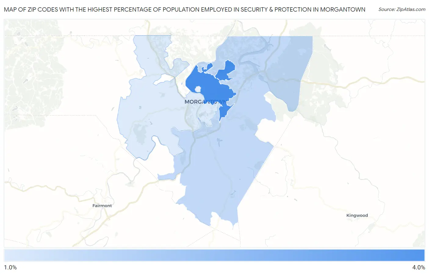 Zip Codes with the Highest Percentage of Population Employed in Security & Protection in Morgantown Map