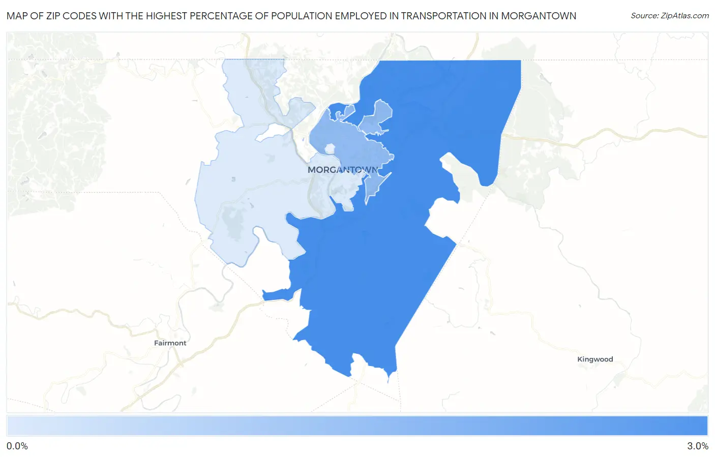Zip Codes with the Highest Percentage of Population Employed in Transportation in Morgantown Map