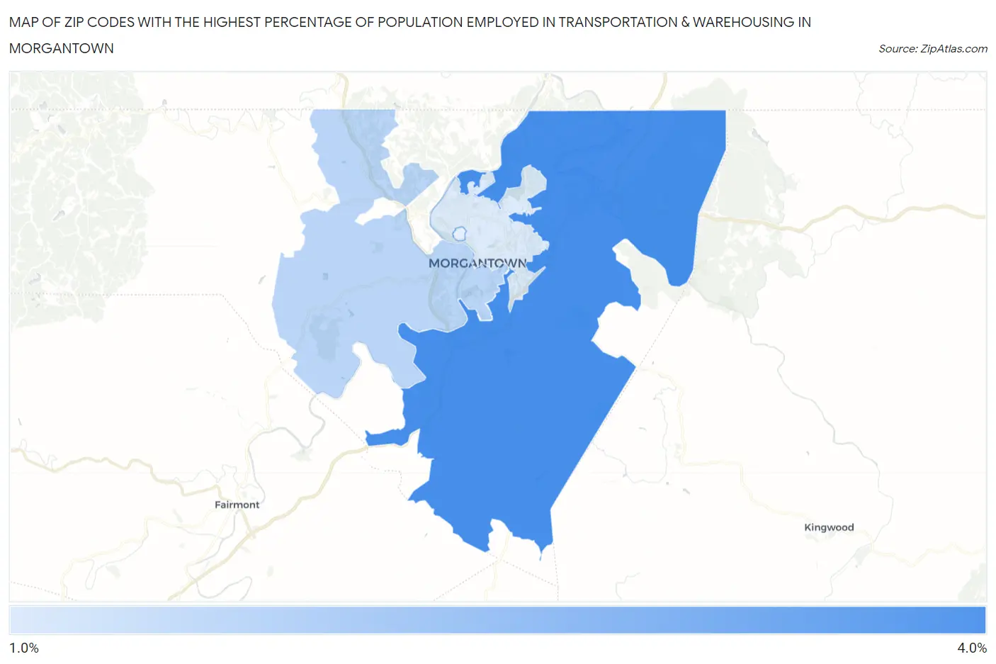 Zip Codes with the Highest Percentage of Population Employed in Transportation & Warehousing in Morgantown Map
