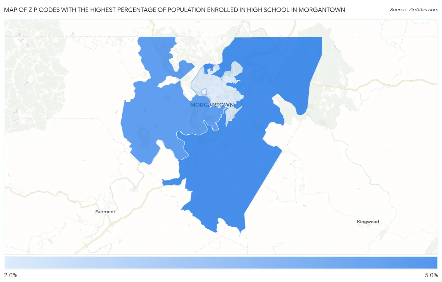 Zip Codes with the Highest Percentage of Population Enrolled in High School in Morgantown Map