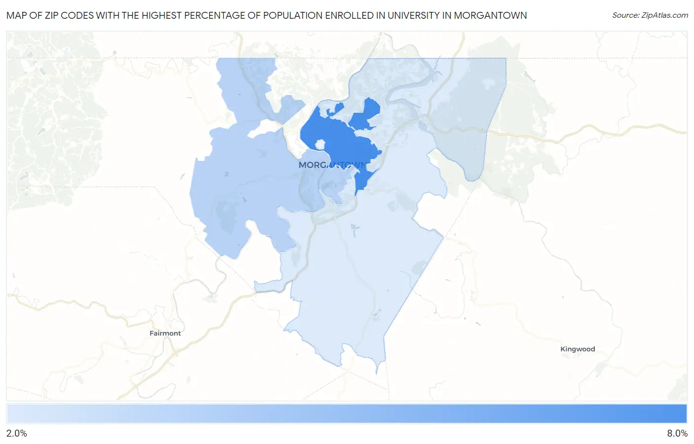 Zip Codes with the Highest Percentage of Population Enrolled in University in Morgantown Map