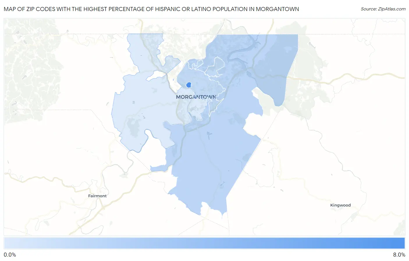Zip Codes with the Highest Percentage of Hispanic or Latino Population in Morgantown Map