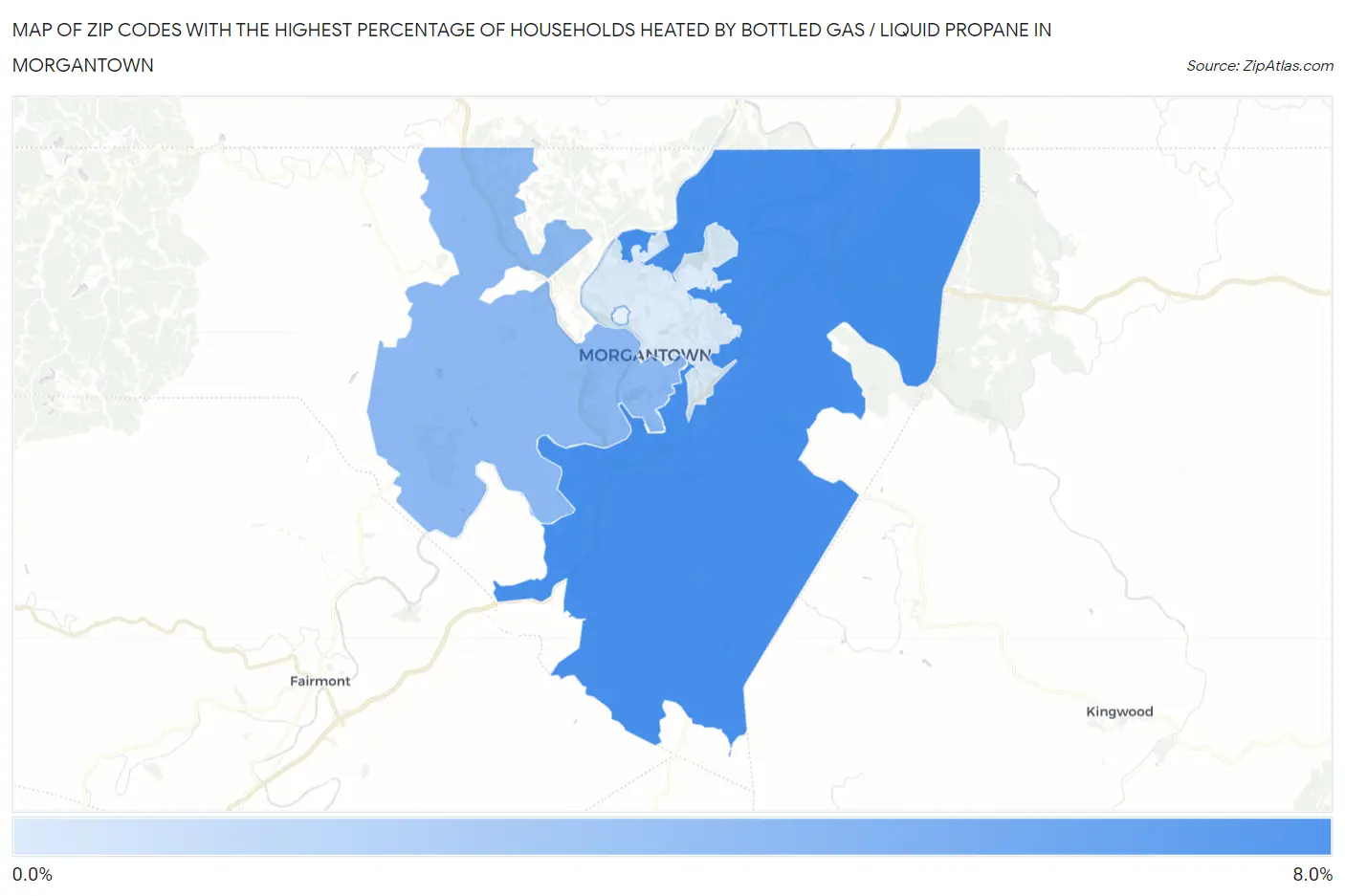 Zip Codes with the Highest Percentage of Households Heated by Bottled Gas / Liquid Propane in Morgantown Map