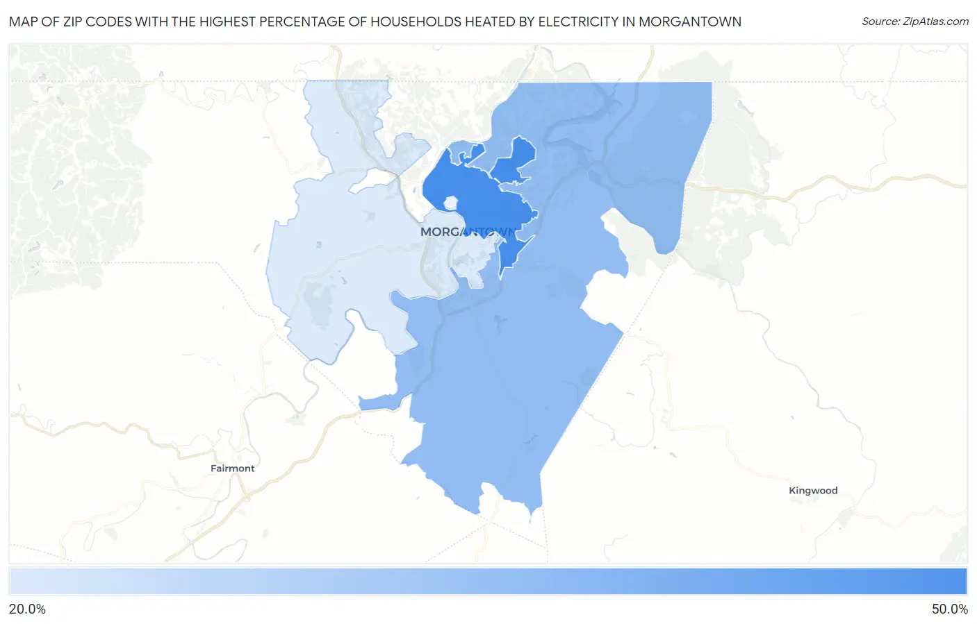 Zip Codes with the Highest Percentage of Households Heated by Electricity in Morgantown Map