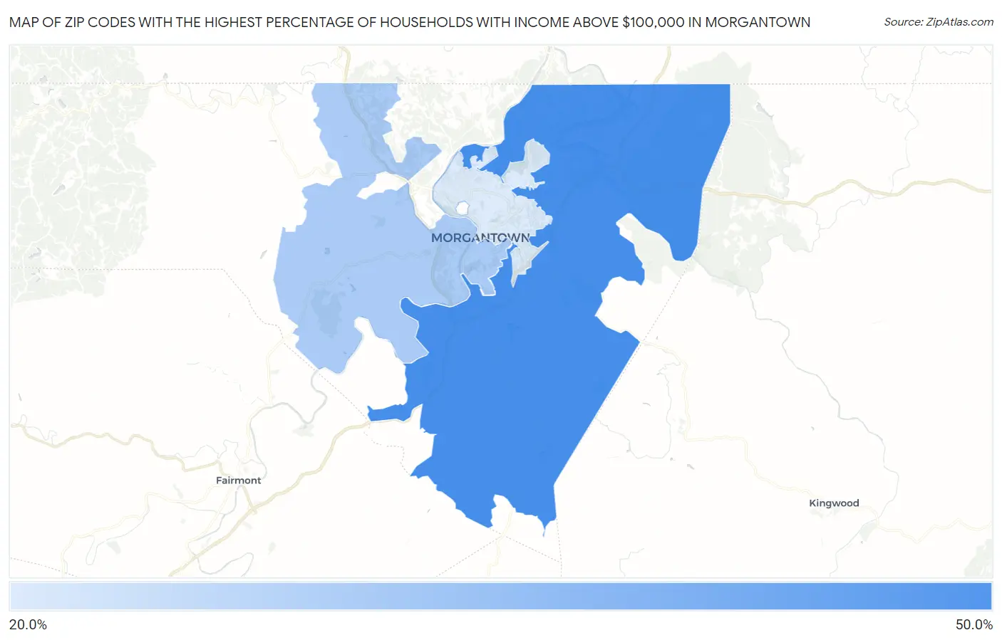 Zip Codes with the Highest Percentage of Households with Income Above $100,000 in Morgantown Map