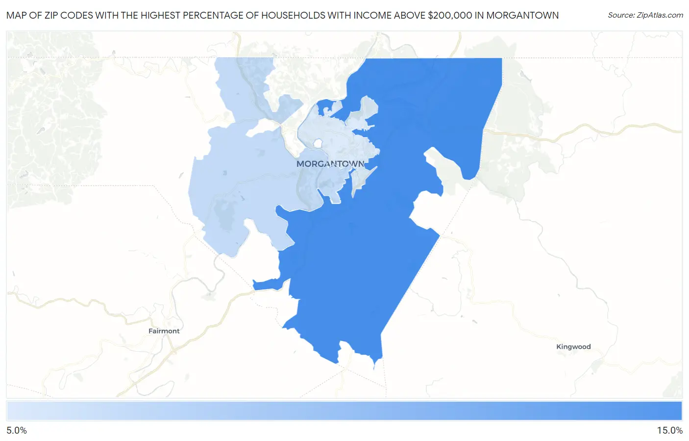 Zip Codes with the Highest Percentage of Households with Income Above $200,000 in Morgantown Map