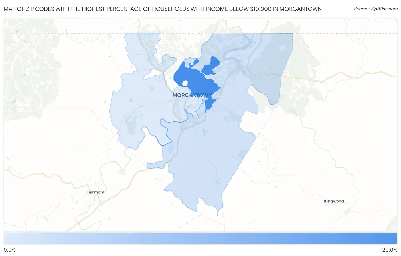 Zip Codes with the Highest Percentage of Households with Income Below $10,000 in Morgantown Map