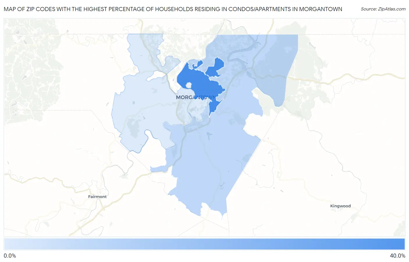 Zip Codes with the Highest Percentage of Households Residing in Condos/Apartments in Morgantown Map