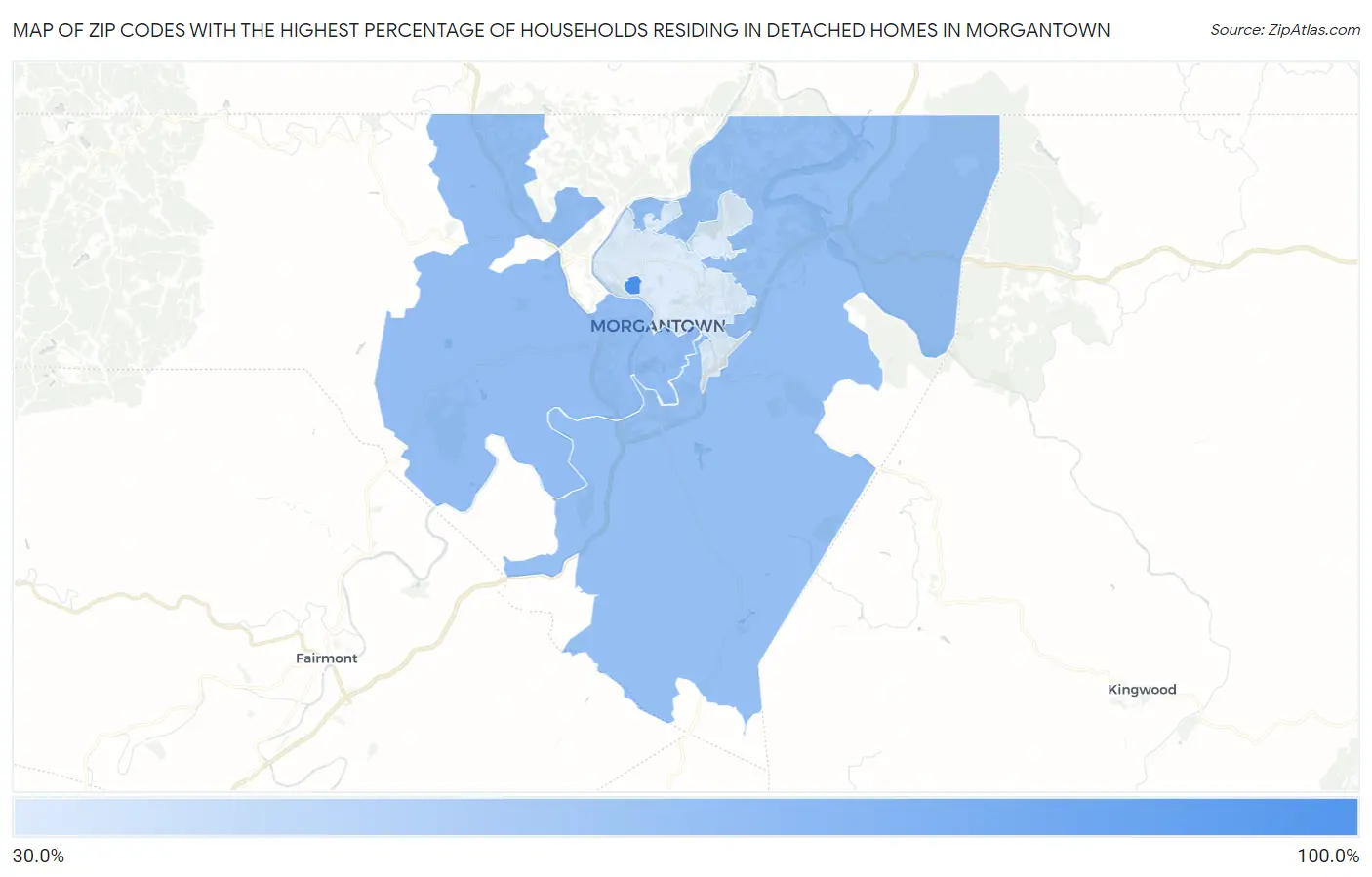 Zip Codes with the Highest Percentage of Households Residing in Detached Homes in Morgantown Map