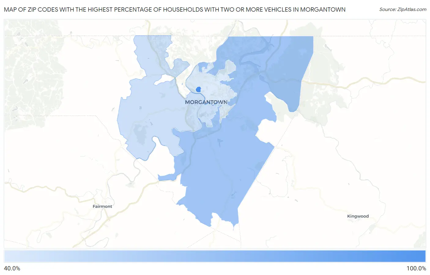 Zip Codes with the Highest Percentage of Households With Two or more Vehicles in Morgantown Map