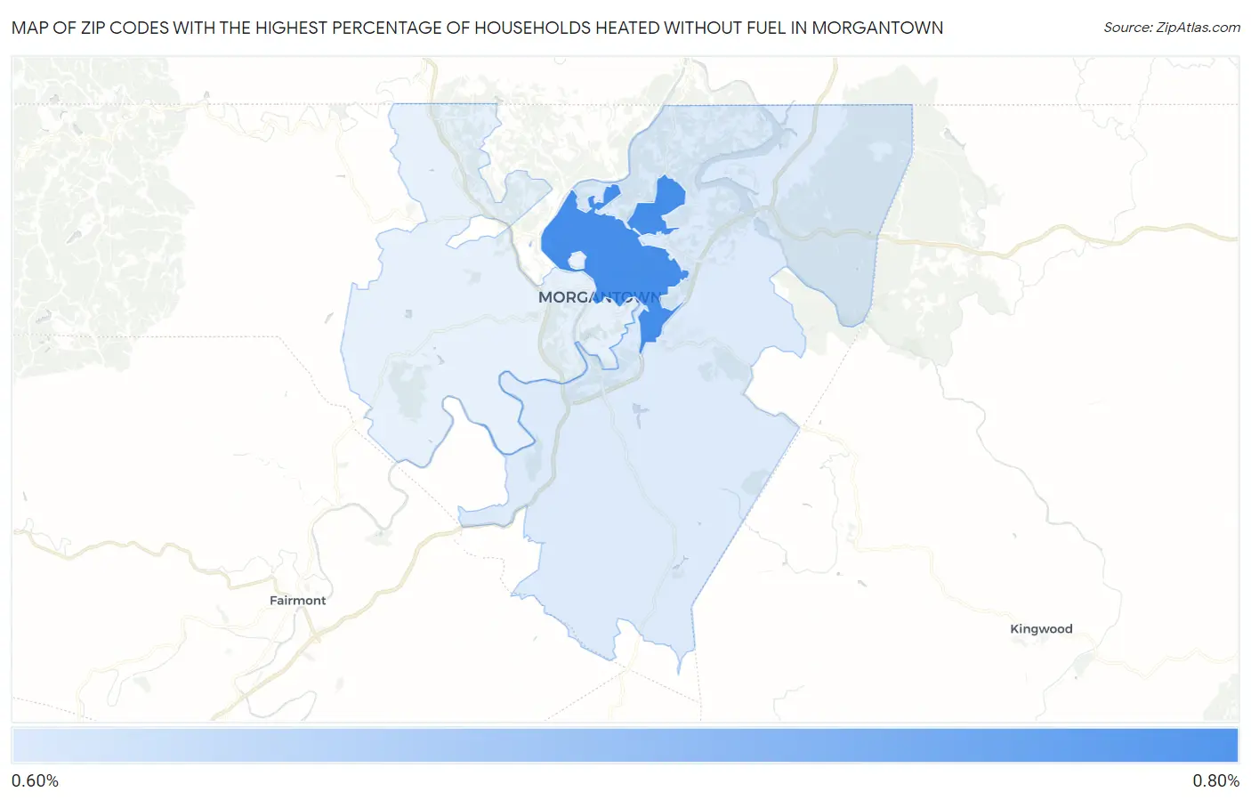 Zip Codes with the Highest Percentage of Households Heated without Fuel in Morgantown Map