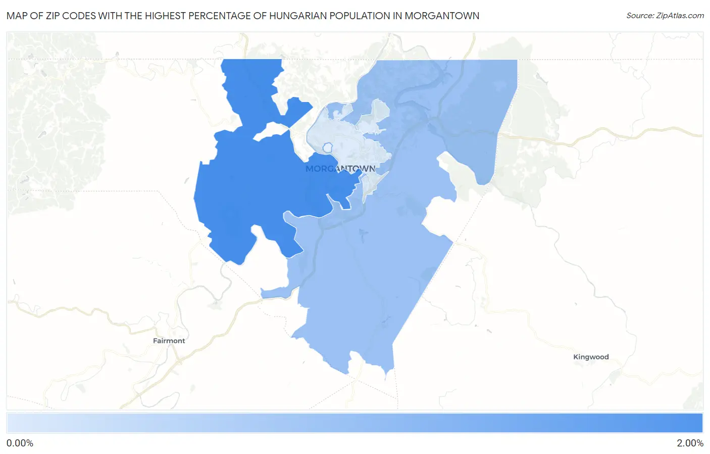 Zip Codes with the Highest Percentage of Hungarian Population in Morgantown Map