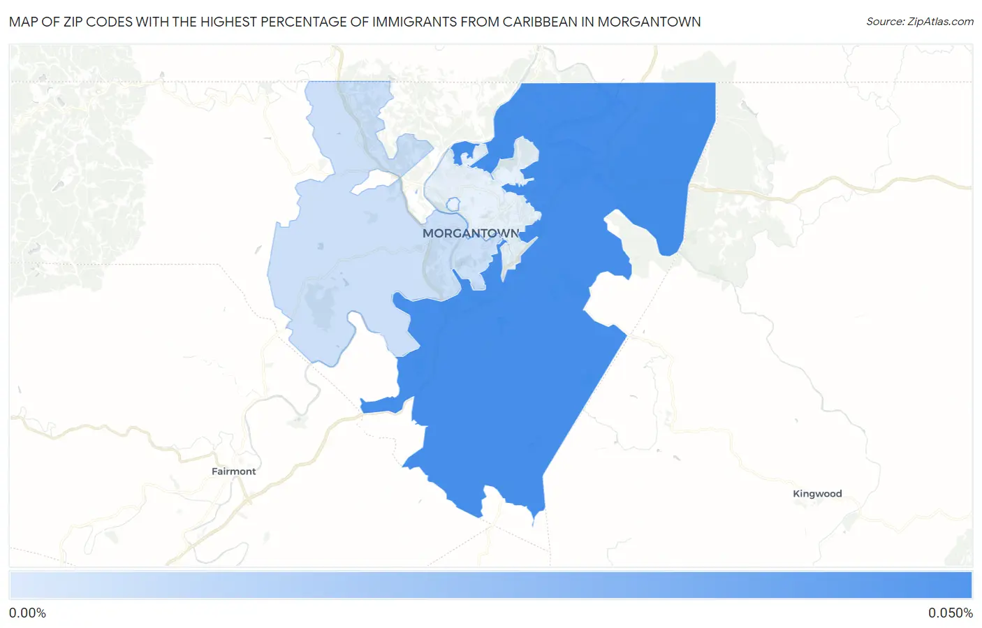Zip Codes with the Highest Percentage of Immigrants from Caribbean in Morgantown Map