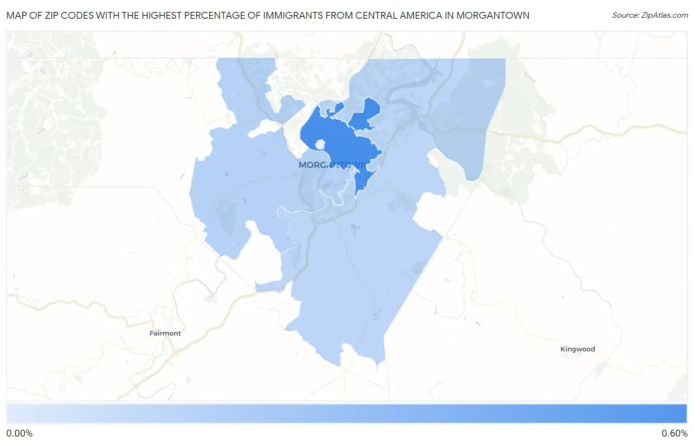 Zip Codes with the Highest Percentage of Immigrants from Central America in Morgantown Map