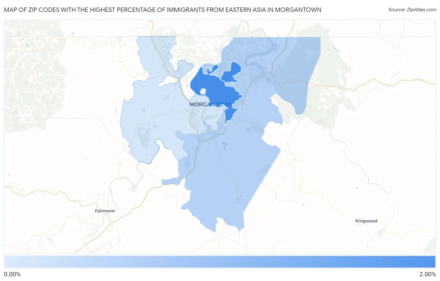 Zip Codes with the Highest Percentage of Immigrants from Eastern Asia in Morgantown Map