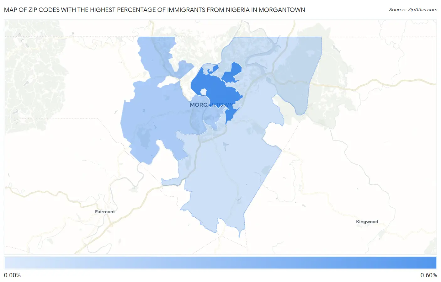 Zip Codes with the Highest Percentage of Immigrants from Nigeria in Morgantown Map