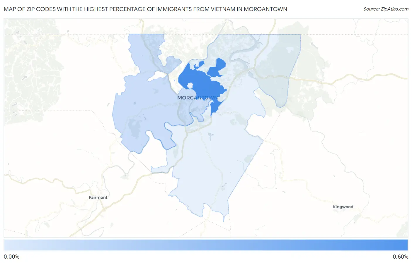 Zip Codes with the Highest Percentage of Immigrants from Vietnam in Morgantown Map