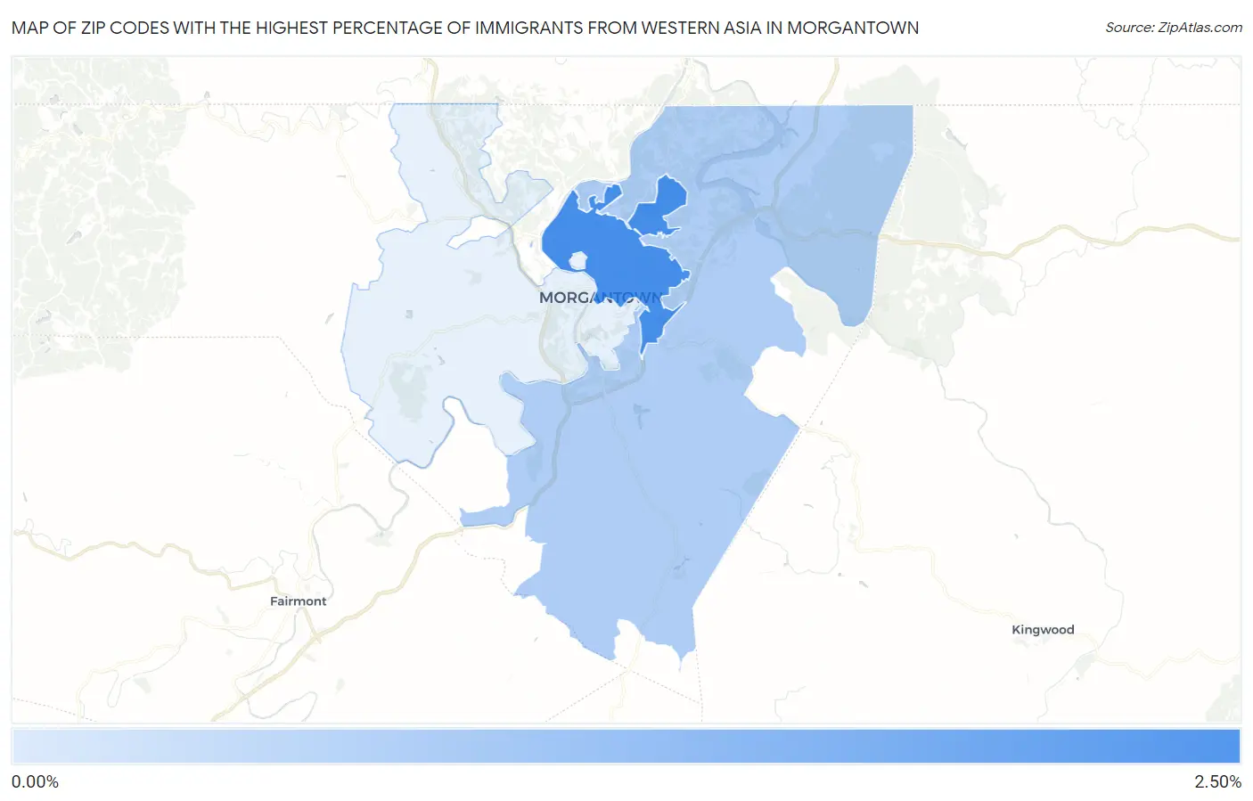 Zip Codes with the Highest Percentage of Immigrants from Western Asia in Morgantown Map