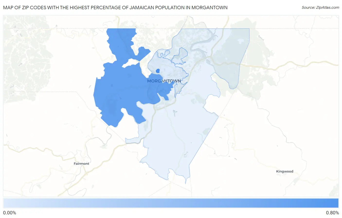 Zip Codes with the Highest Percentage of Jamaican Population in Morgantown Map