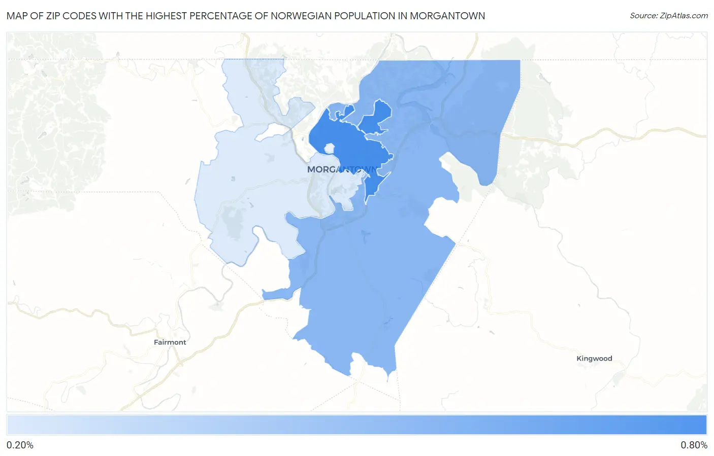 Zip Codes with the Highest Percentage of Norwegian Population in Morgantown Map