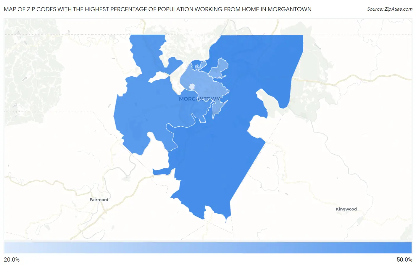 Zip Codes with the Highest Percentage of Population Working from Home in Morgantown Map